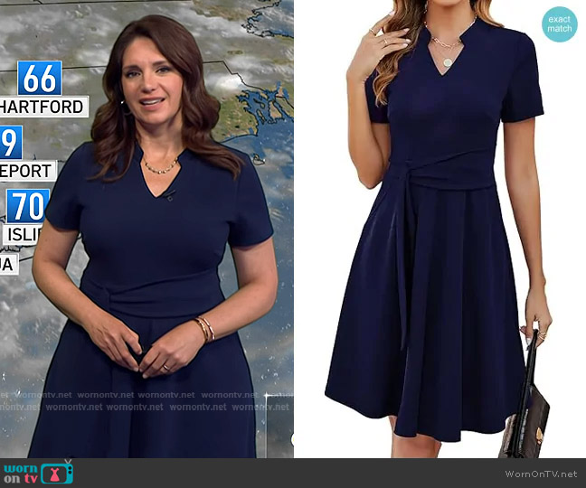 Mokayee Short Sleeve V Neck Fit and Flare Dress in Navy Blue worn by Maria Larosa on Today