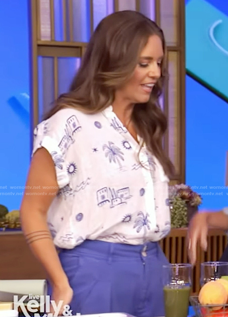 Monica Mangin’s white printed top on Live with Kelly and Mark
