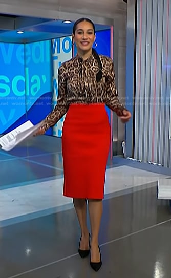 Morgan’s leopard blouse and red skirt on NBC News Daily