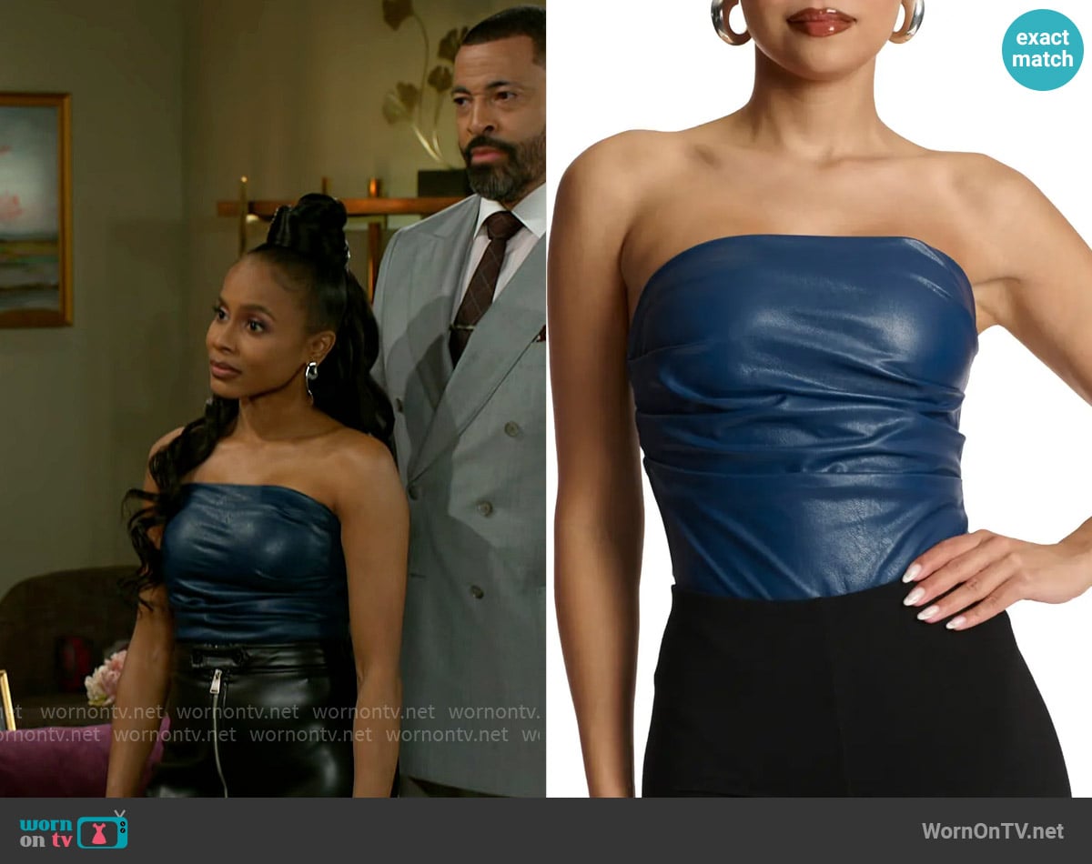 Naked Wardrobe Faux Leather Tube Bodysuit in Navy worn by Hayley Lawson (Marquita Goings) on Beyond the Gates