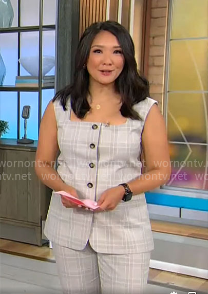 Nancy Chen’s plaid vest top and pants set on CBS Mornings