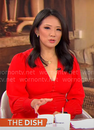 Nancy Chen’s red button front dress on CBS Mornings