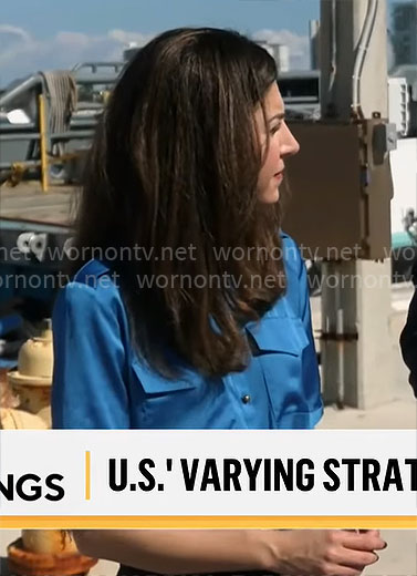Nicole Sganga’s blue satin shirt on CBS Mornings