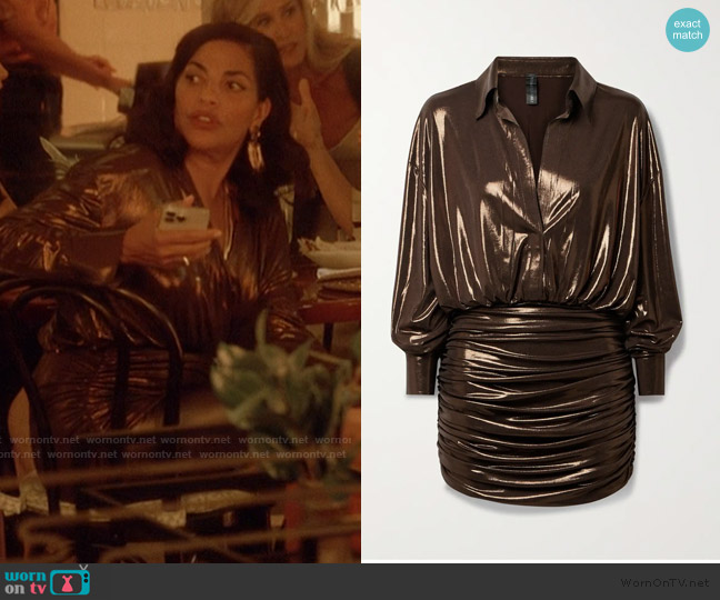 Norma Kamali Ruched metallic stretch-lamé mini shirt dress worn by Seema Patel (Sarita Choudhury) on And Just Like That