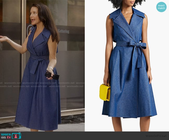 Oscar de la Renta Belted Wrap Effect Denim Midi Dress worn by Charlotte York (Kristin Davis) on And Just Like That