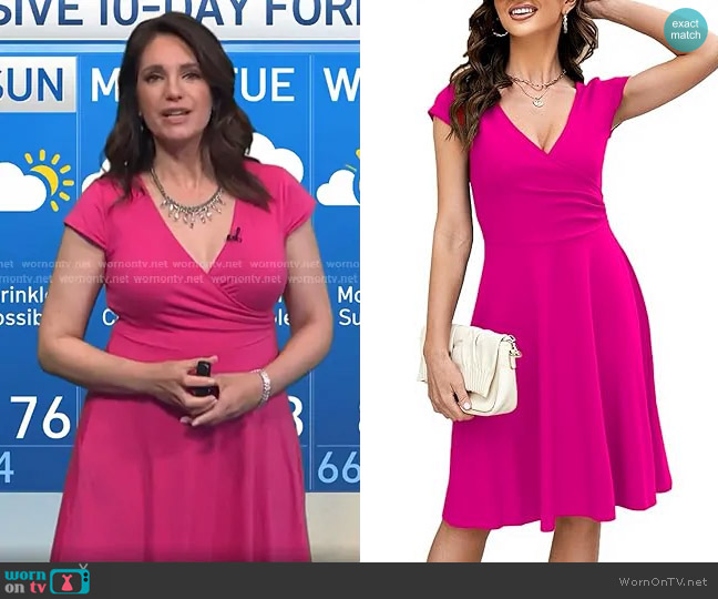 oxiuly Criss-Cross V-Neck Dress in Rose Red worn by Maria Larosa on Today