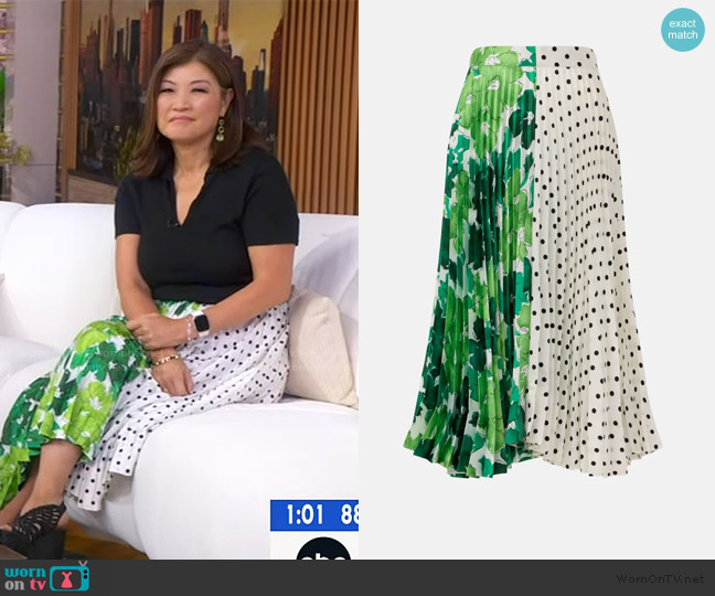 Plan C x RTR Asymmetric Pleated Midi Skirt worn by Juju Chang on Good Morning America