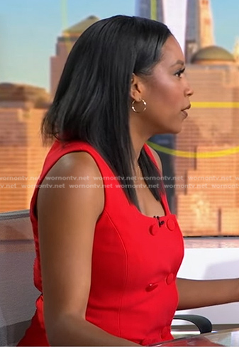 Rachel’s red double breasted vest on Good Morning America