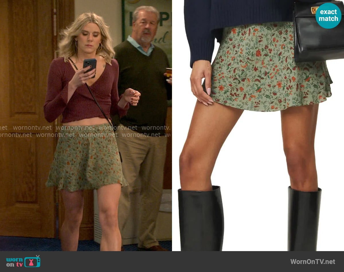 Reformation Brandy Skirt in Ponderosa worn by Josie Murphy (Hannah Pilkes) on Leanne