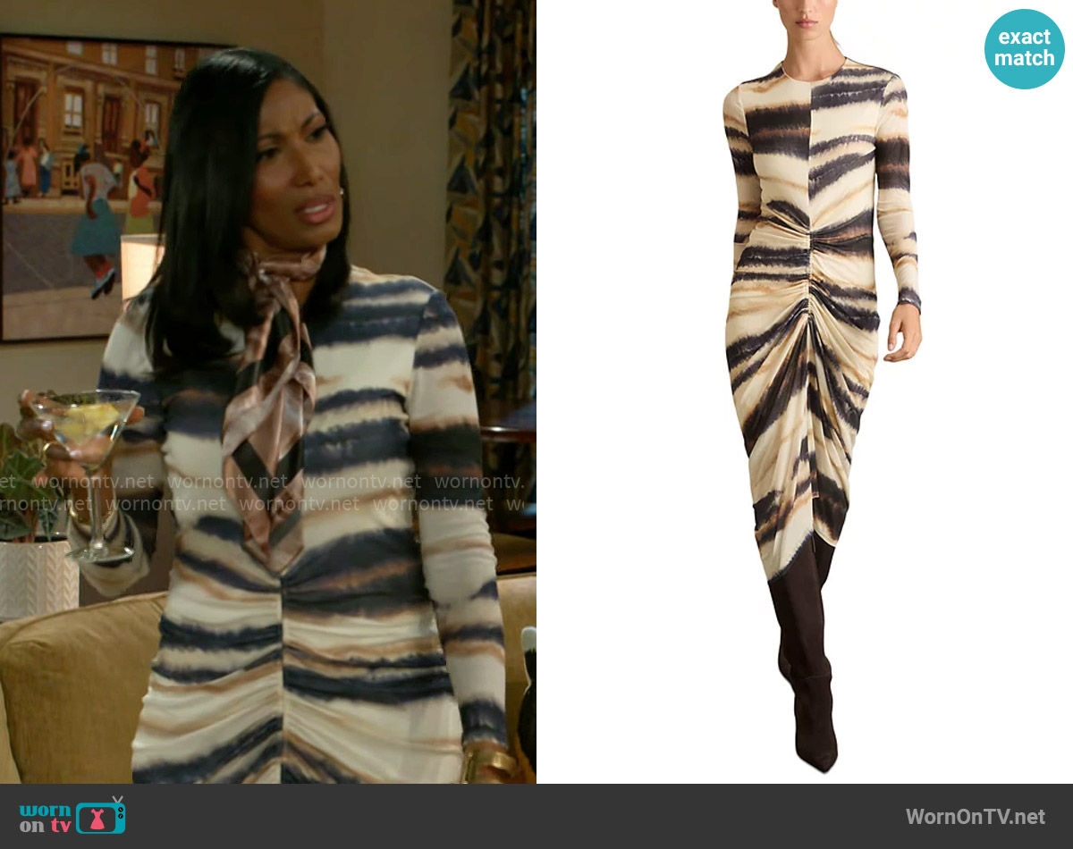 Reiss Georgia Printed Ruched Jersey Dress worn by Dana 'Leslie' Thomas (Trisha Mann-Grant) on Beyond the Gates