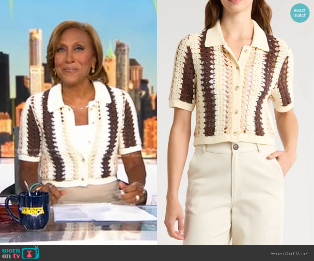 Reiss Roni Collar Crochet Cardigan in Cream/ Brown worn by Robin Roberts on Good Morning America