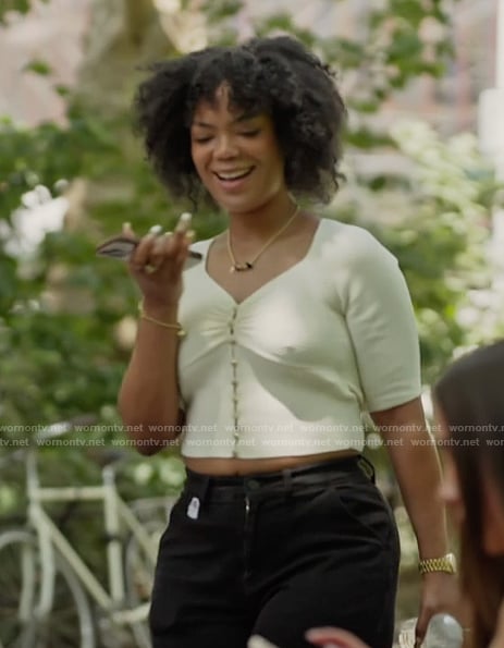 Riley’s beige cardigan on Next Gen NYC
