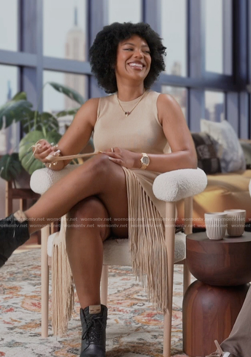 Riley’s beige fringe confessional dress on Next Gen NYC