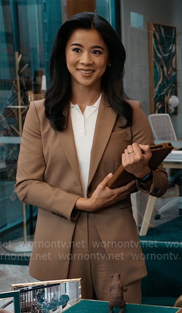 Sarah’s camel suit and ribbed polo on Matlock