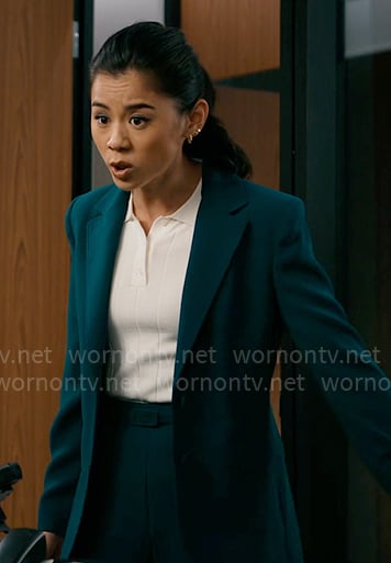 Sarah’s green suit and white polo top on Matlock