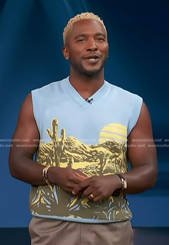 Scott’s blue desert print knit vest on Access Hollywood