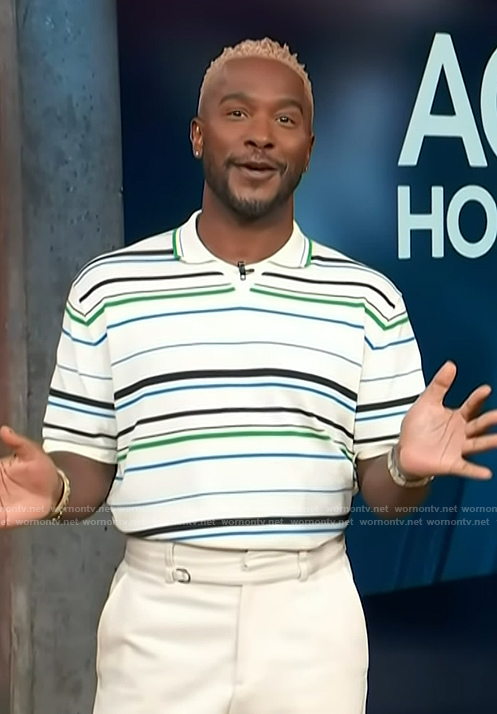 Scott’s white striped polo on Access Hollywood