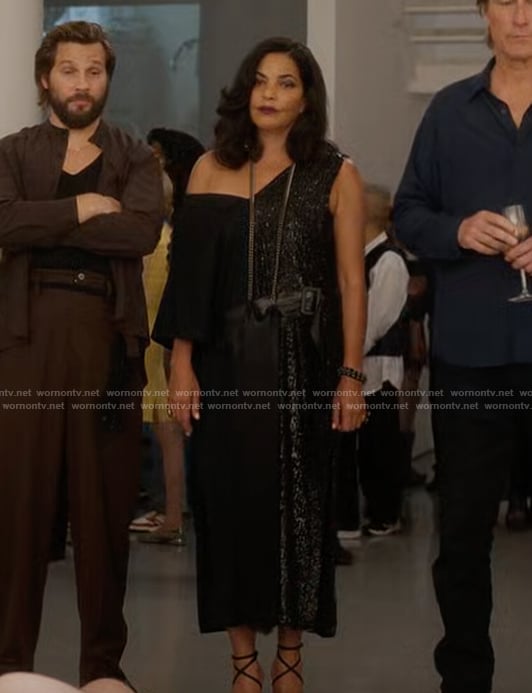 Seema’s black mixed media dress on And Just Like That