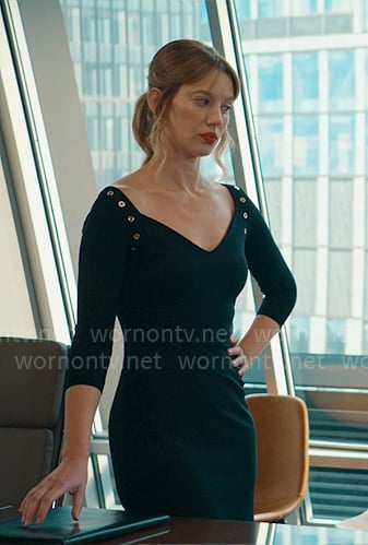 Shae’s black grommet detail dress on Matlock