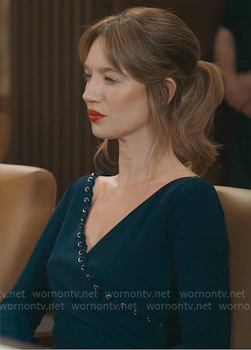 Shae’s navy dress with lace-up detail on Matlock