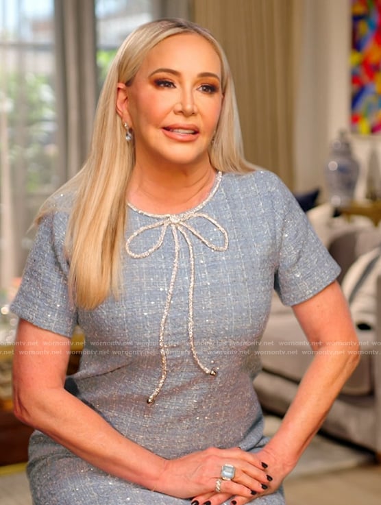 Shannon’s blue tweed confessional dress on The Real Housewives of Orange County