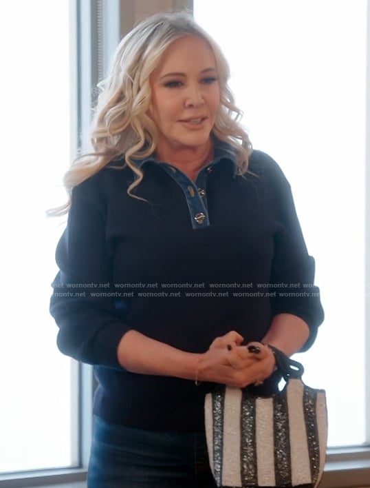 Shannon’s denim trim sweater on The Real Housewives of Orange County