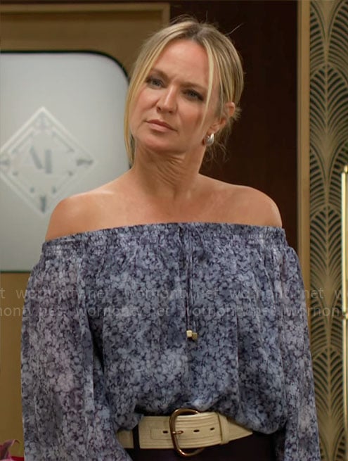 Sharon’s blue floral off-shoulder blouse on The Young and the Restless