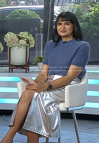 Sonal Dutt’s blue short sleeve sweater and metallic skirt on Today