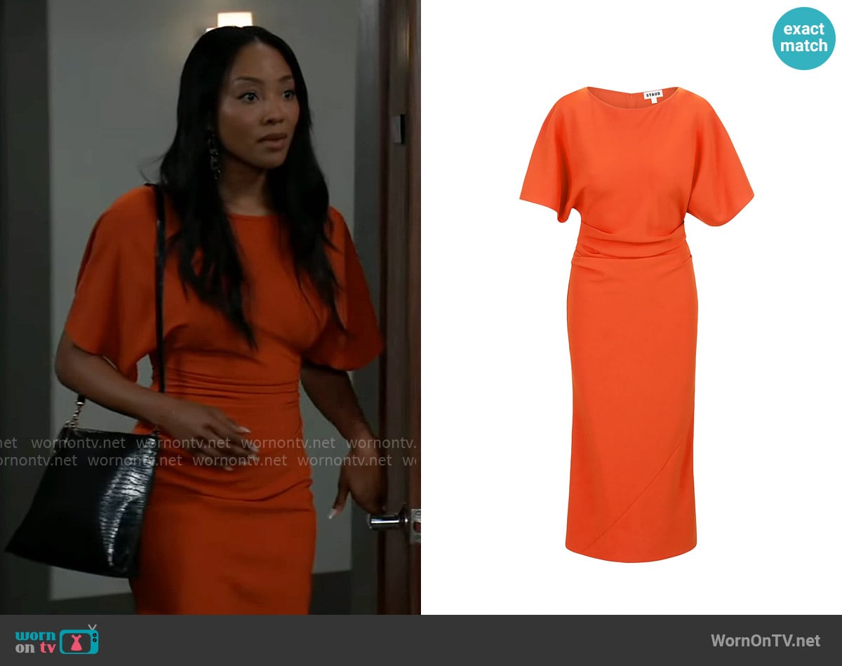 Staud Amelie Dress in Cayenne worn by Jordan Ashford (Tanisha Mariko Harper) on General Hospital