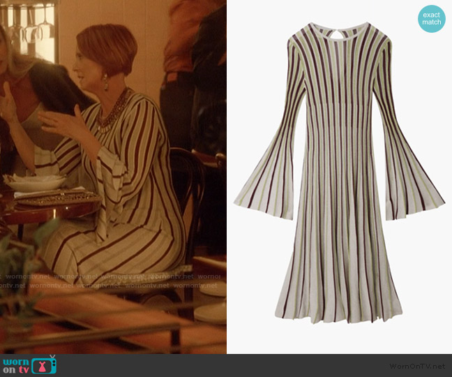 Stella McCartney Lurex-detail striped maxi dress worn by Miranda Hobbs (Cynthia Nixon) on And Just Like That