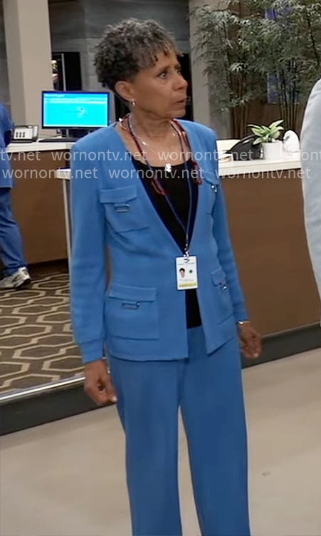 Stella’s blue knit jacket and pants set on General Hospital