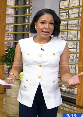 Stephanie’s white vest with gold buttons on Good Morning America