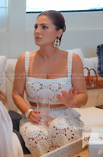 Stephanie’s white crochet top and pants on The Real Housewives of Miami