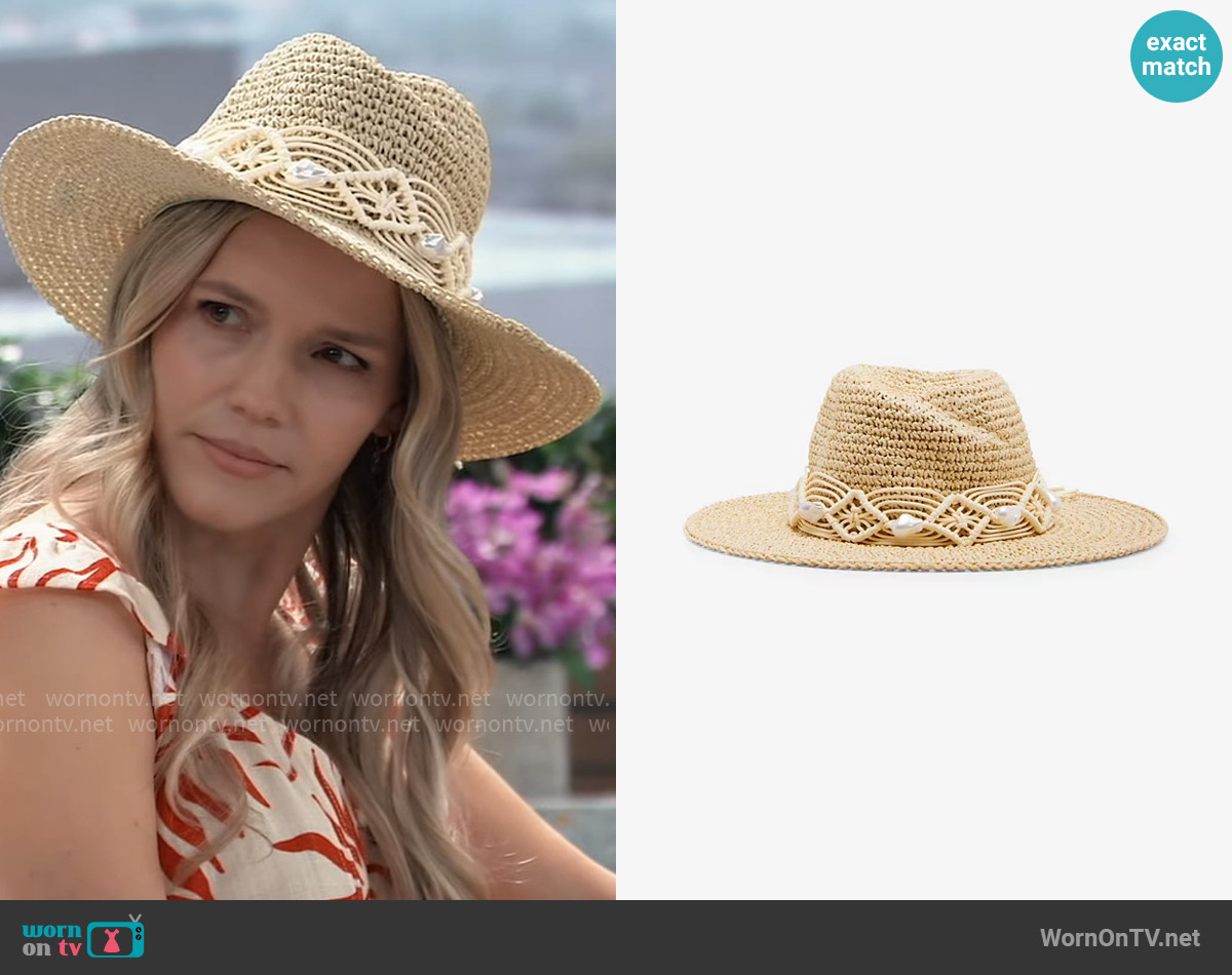 Steve Madden Embellished Braided Rope Panama Hat worn by Lulu Spencer (Alexa Havins Bruening) on General Hospital