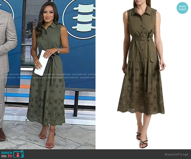 Tanya Taylor Bailey Embroidered-Cotton Tie-Waist Midi-Dress in Fern worn by Kaylee Hartung on Today