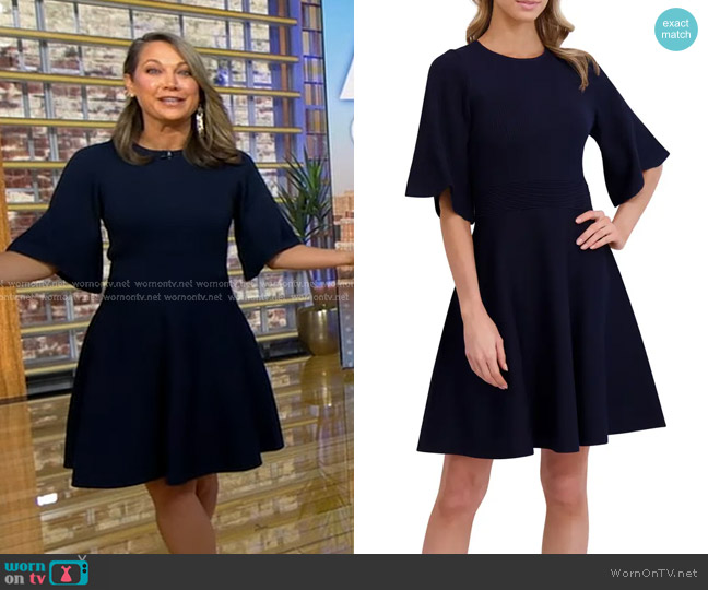 Ted Baker Flutter Sleeve Fit & Flare Sweater Dress in Classic Navy worn by Ginger Zee on Good Morning America