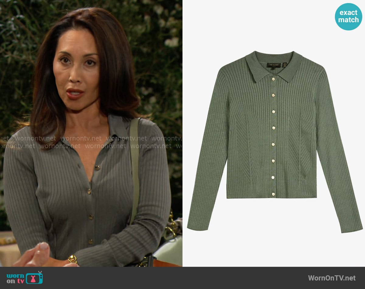 Ted Baker Meenaa co-ord button-up knitted cardigan worn by Li Finnegan (Naomi Matsuda) on The Bold and the Beautiful