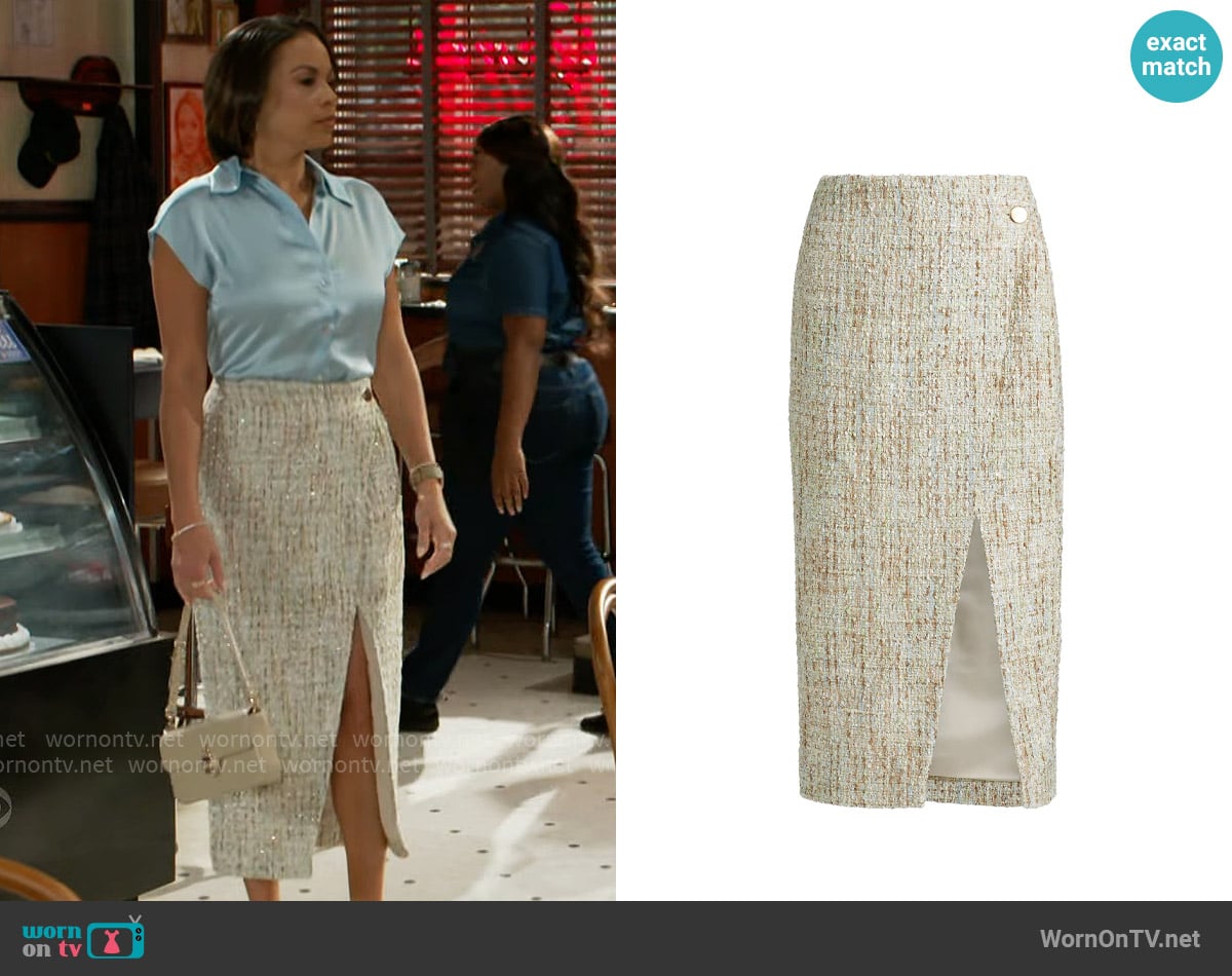 Toccin Kate Tweed Button Wrap Skirt worn by Nicole Dupree Richardson (Daphnee Duplaix) on Beyond the Gates