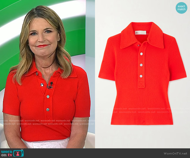 Tory Burch Maggie Ribbed-knit Polo Shirt in Deep Poppy worn by Savannah Guthrie on Today