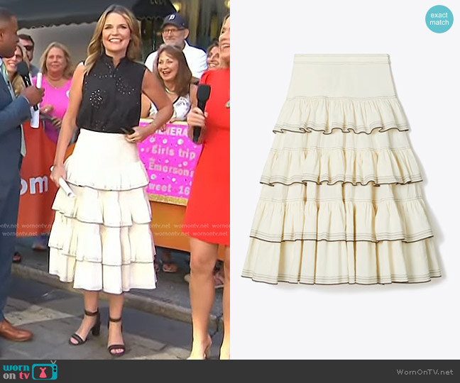 Tory Burch Ruffle Cotton Skirt in Biscuit worn by Savannah Guthrie on Today