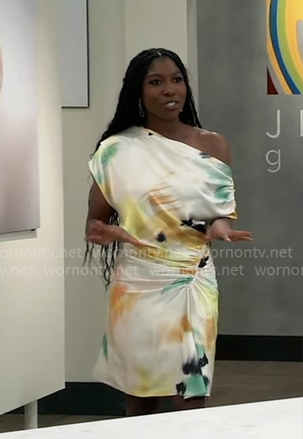 Trina’s abstract print off-shoulder dress on General Hospital