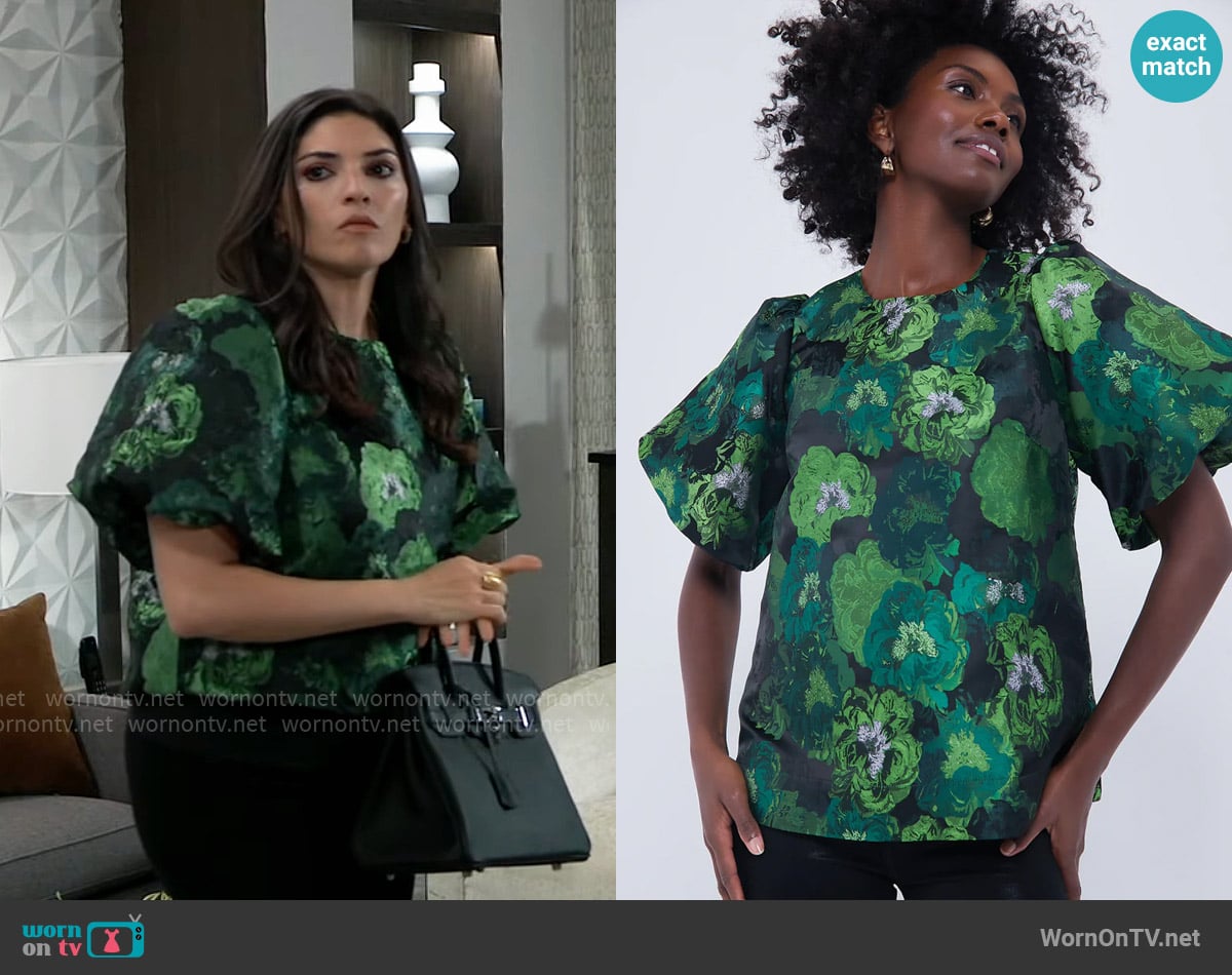 Pomander Place Green Jacquard Lyla Blouse worn by Brook Lynn Quartermaine (Amanda Setton) on General Hospital