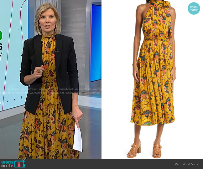Ulla Johnson Maya Floral Halter Neck Silk Midi Dress in Marigold worn by Kate Snow on NBC News Daily