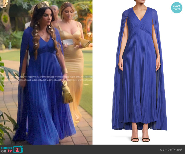 Ungaro Joelle Plissé Cape Maxi Dress in Lapis Blue worn by Adriana de Moura (Adriana de Moura) on The Real Housewives of Miami