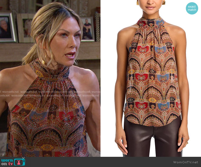 Veronica Beard Tanisha Paisley Halter Top in Dark Chocolate worn by Kristen DiMera (Stacy Haiduk) on Days of our Lives