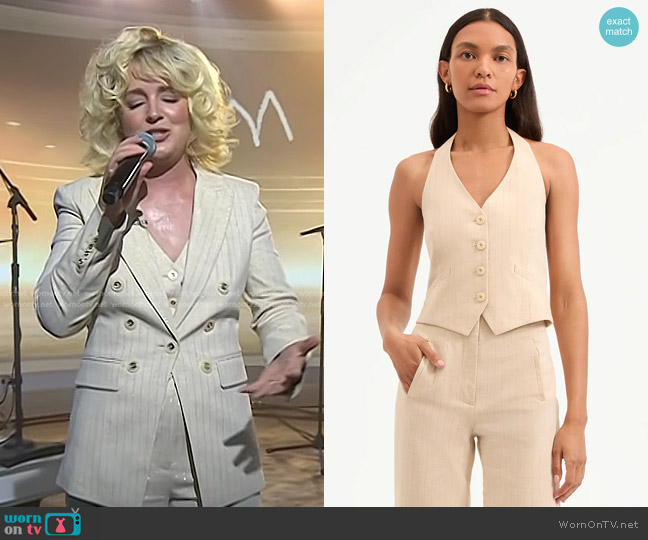 Veronica Beard Arabella Metallic Pinstripe Vest in Natural Gold worn by Cam on Today