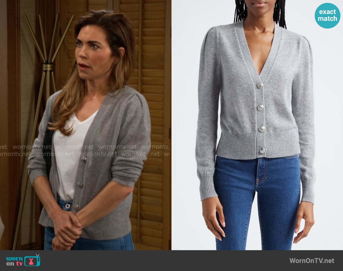 Veronica Beard Solene Cardigan in Heather Grey worn by Victoria Newman (Amelia Heinle) on The Young and the Restless