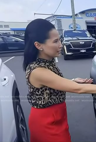 Vicky’s leopard sleeveless top and red skirt on NBC News Daily