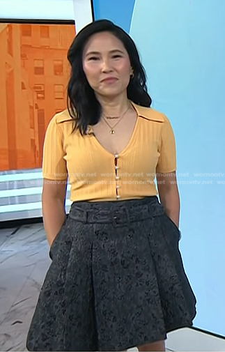 Vicky’s orange ribbed top and grey skirt on Today