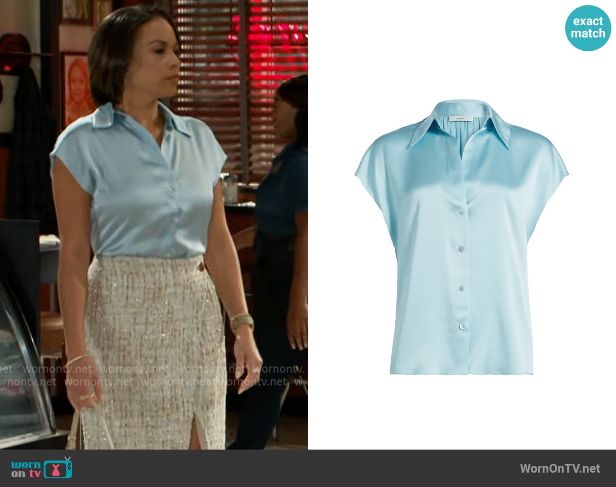 Vince Cap-Sleeve Silk Blouse in Celeste worn by Nicole Dupree Richardson (Daphnee Duplaix) on Beyond the Gates